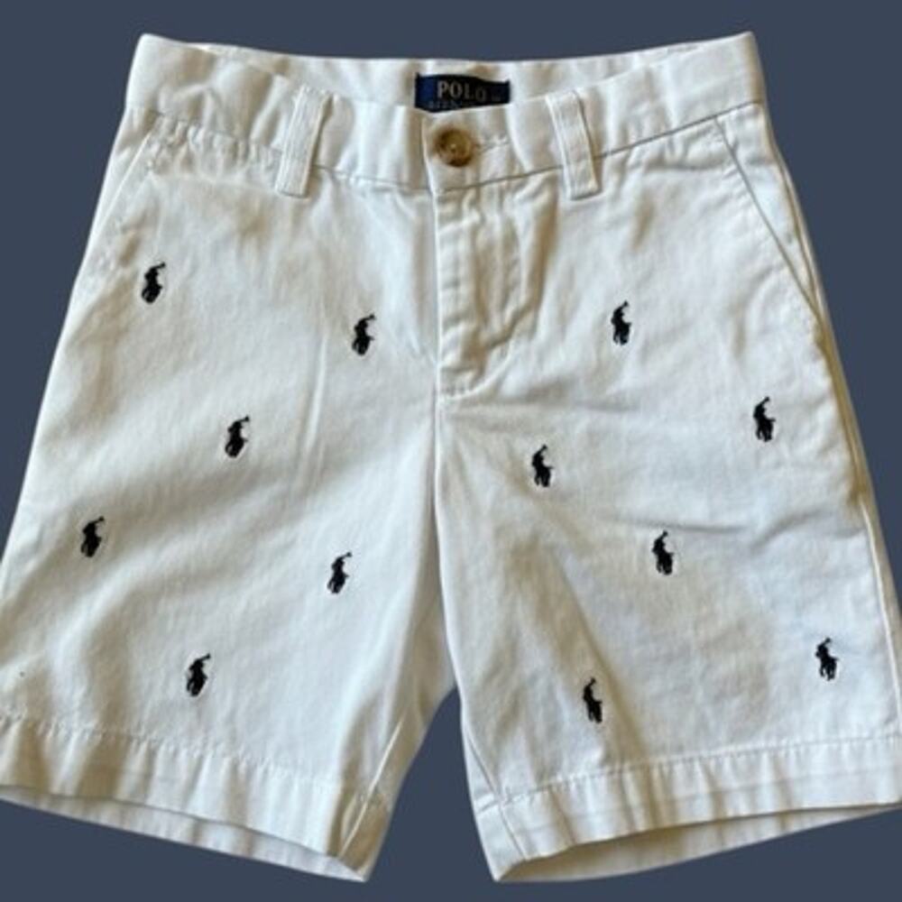 Polo Ralph Lauren Boys 5 All Over Pony Print Chino Shorts White/Blue Preppy Logo
